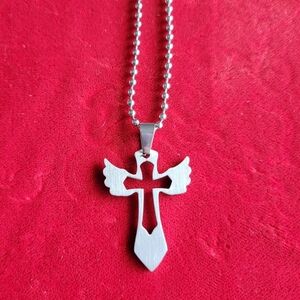 Silver Angel Wing Cross Pendant Necklace